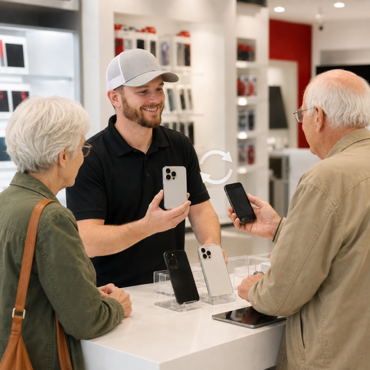 Customer reviewing a pre-owned smartphone with a sales representative before purchase