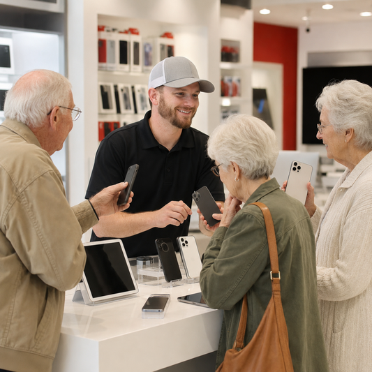 Customer and sales representative reviewing phones during an in-store trade-in assessment