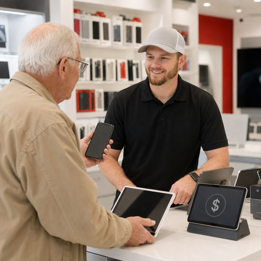 Customer presenting a phone and tablet for an in-store device assessment