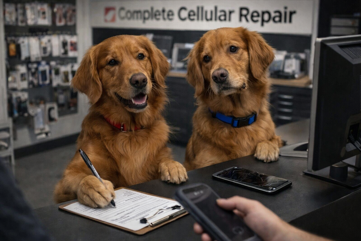 Playful illustration of two golden retrievers at a repair counter beside a cracked cellphone