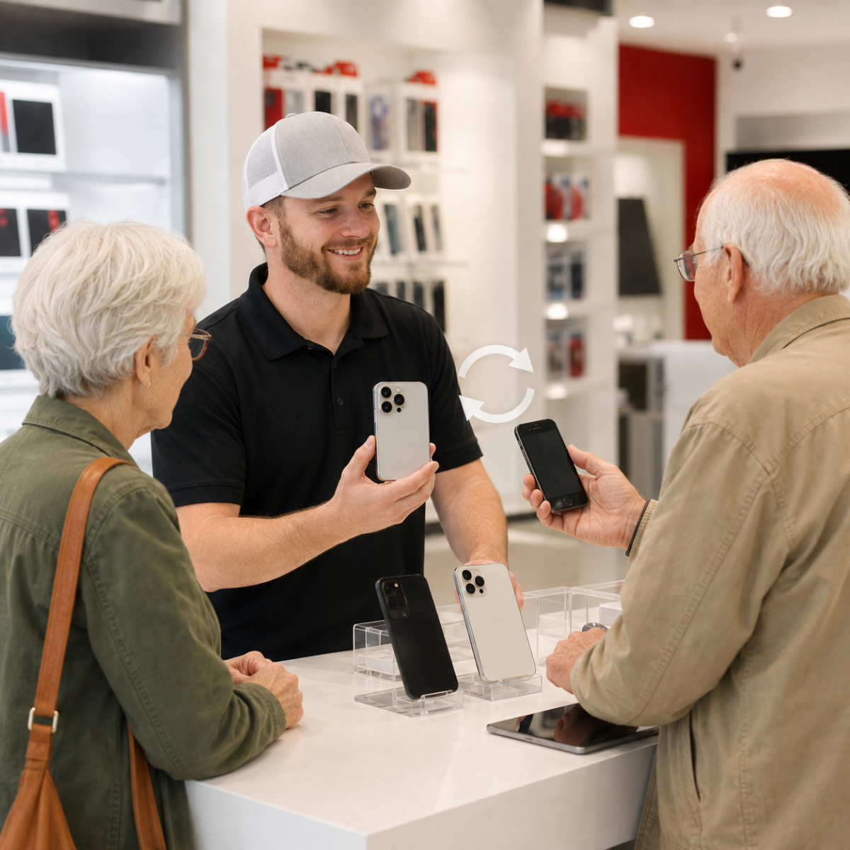 Customer reviewing a pre-owned smartphone with a sales representative before purchase